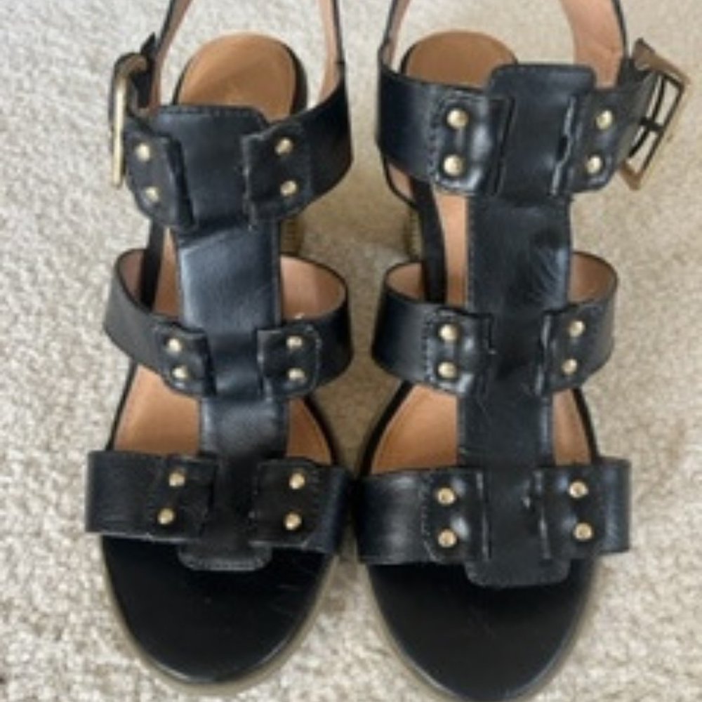 American Eagle- black chunky heeled sandals with gold accents. Size 7
